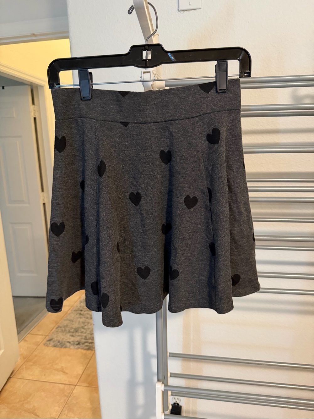 Divided Charcoal Gray Skater Skirt with Black Heart Print